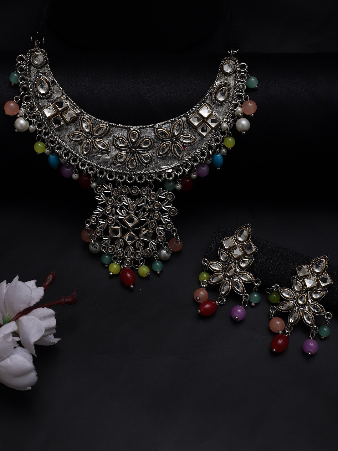 

YouBella Oxidised Stone-Studded & Beaded Alloy Jewellery Set, Silver