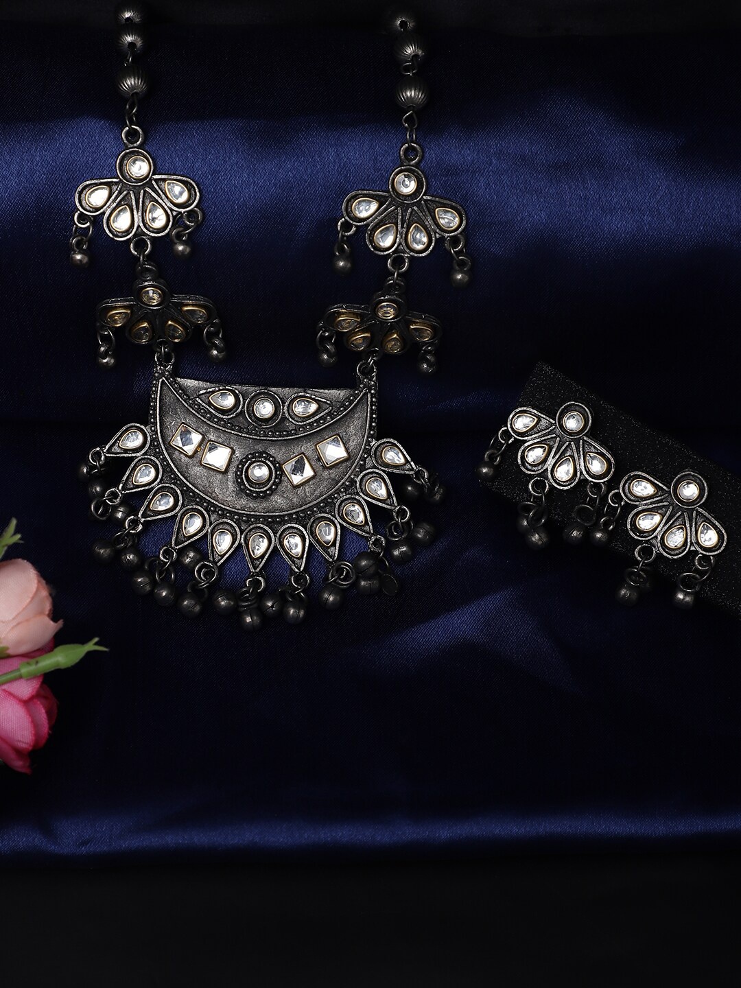 

YouBella Oxidised Stones Studded & Beaded Jewellery Set, Silver
