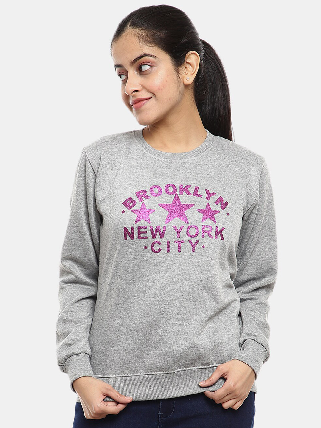 

V-Mart Women Printed Fleece Sweatshirt, Grey