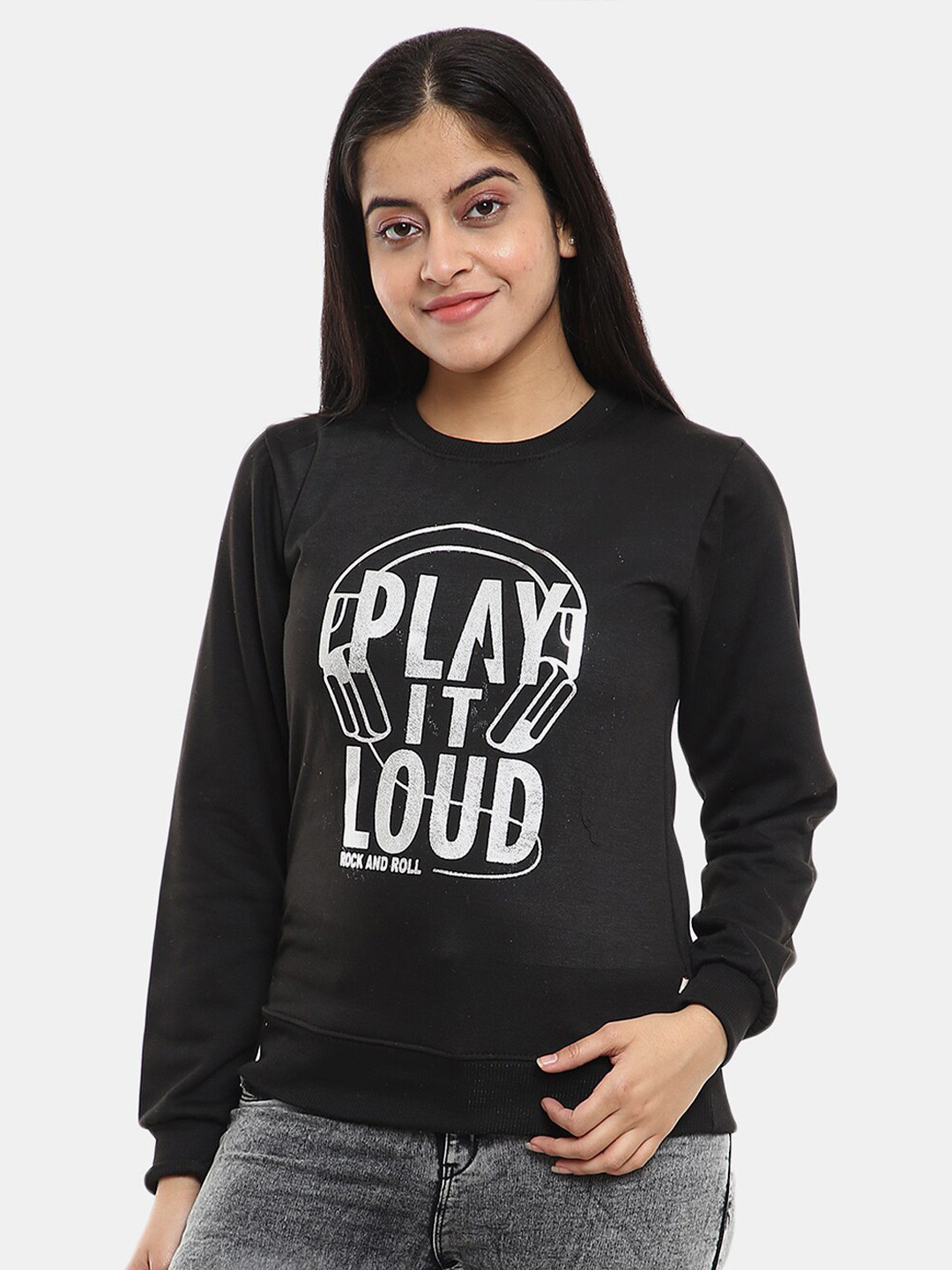

V-Mart Women Typography Printed Sweatshirt, Black