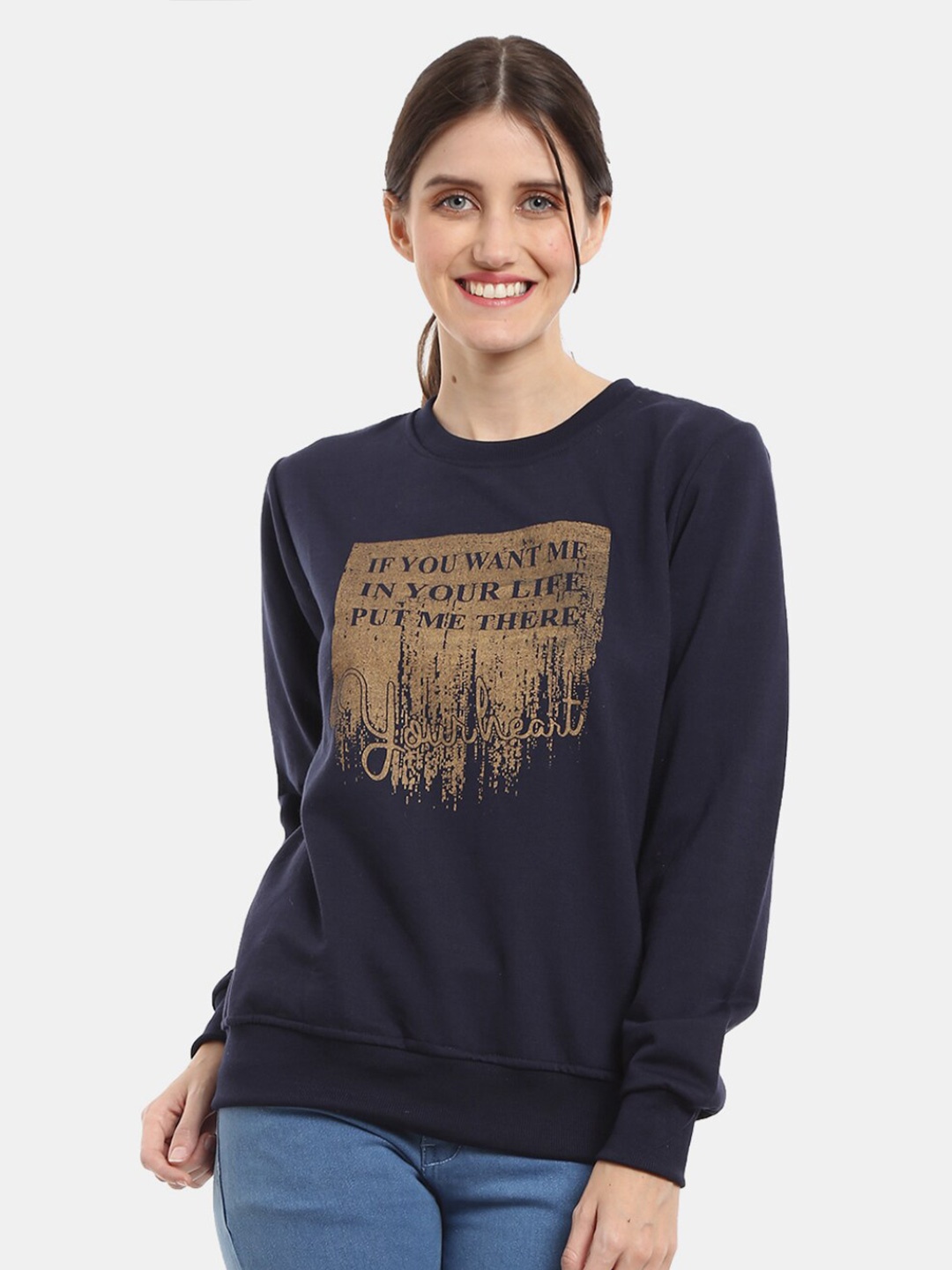

V-Mart Women Printed Fleece Sweatshirt, Navy blue