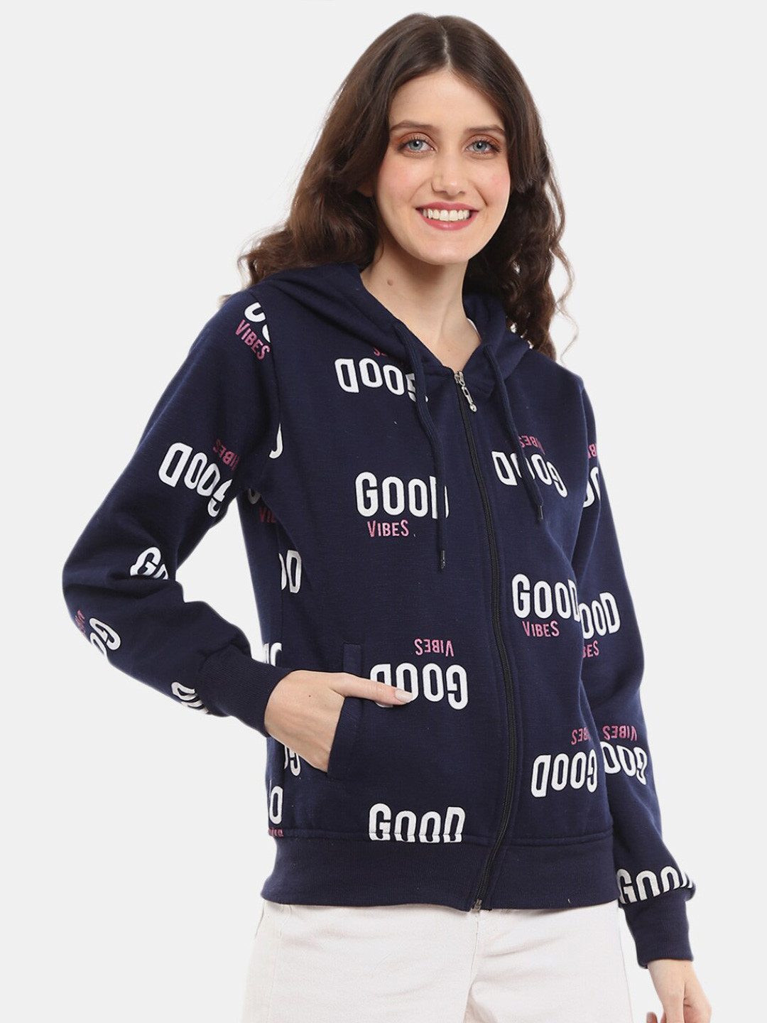 

V-Mart Women Printed Hooded Fleece Sweatshirt, Navy blue