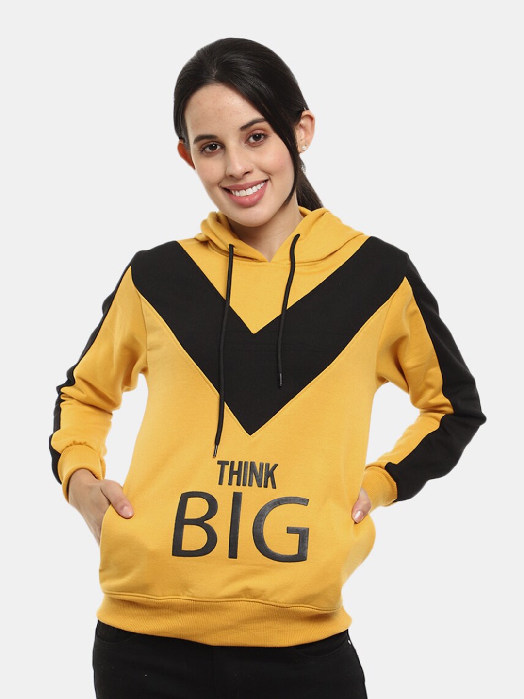 

V-Mart Women Printed Hooded Sweatshirt, Mustard