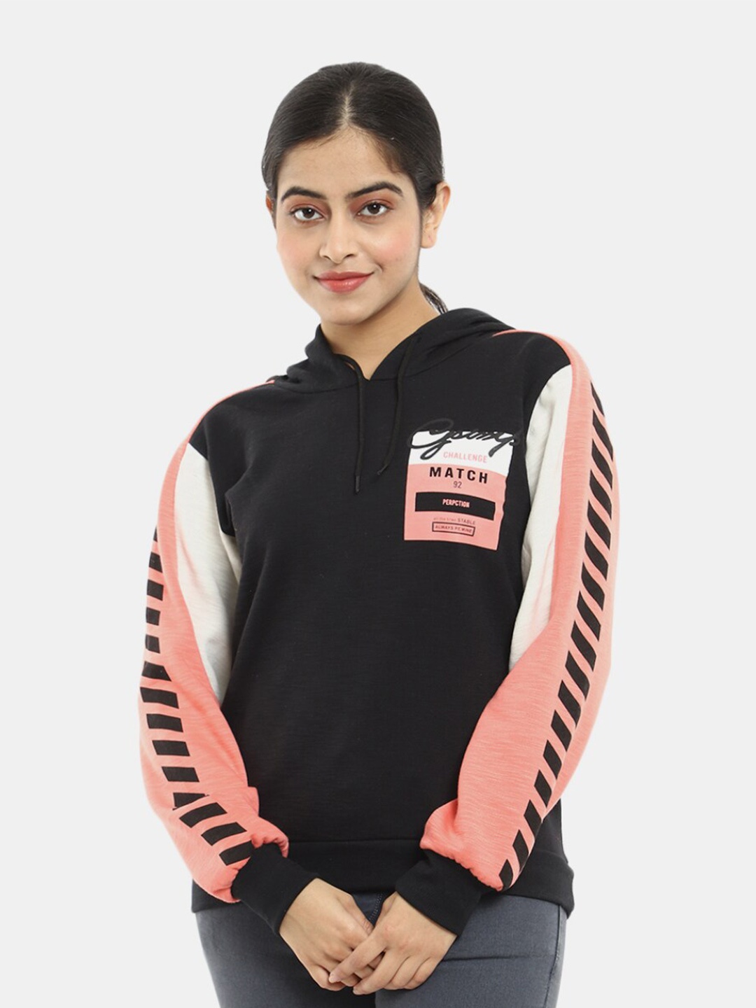 

V-Mart Women Printed Hooded Fleece Sweatshirt, Black