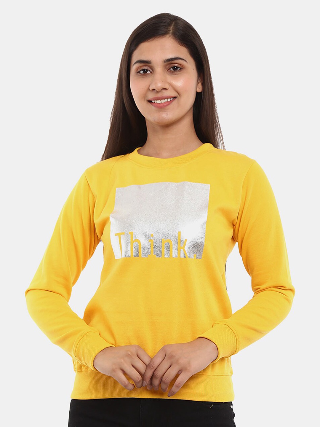 

V-Mart Women Round Neck Typography Printed Sweatshirt, Yellow