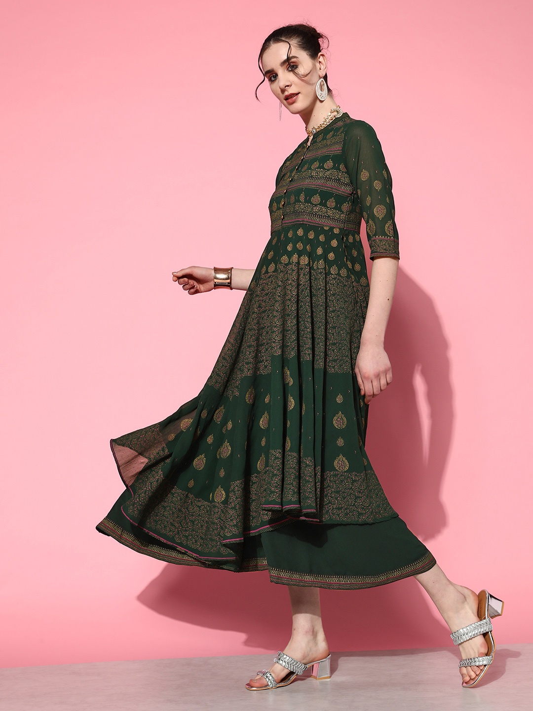 

Juniper Ethnic Motifs Printed Layered Maxi Fit & Flare Ethnic Dress, Green