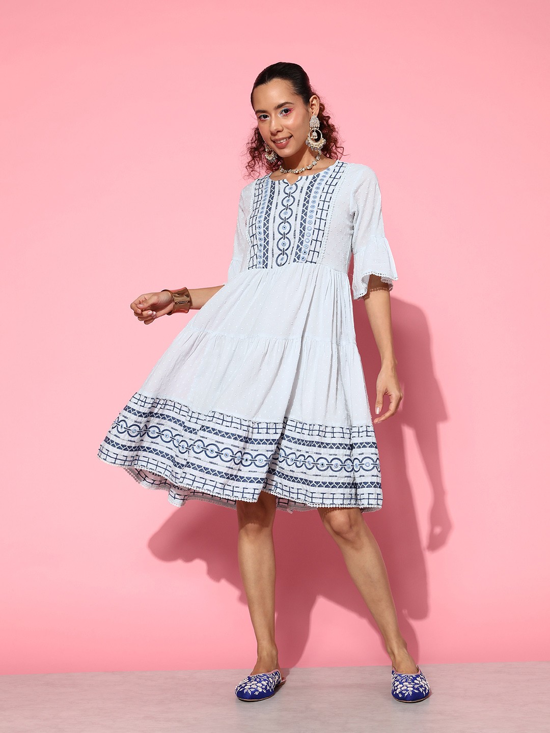 

Juniper Embroidered Mirror Work Tiered Fit & Flare Ethnic Dress with Lace Insert Detail, Blue