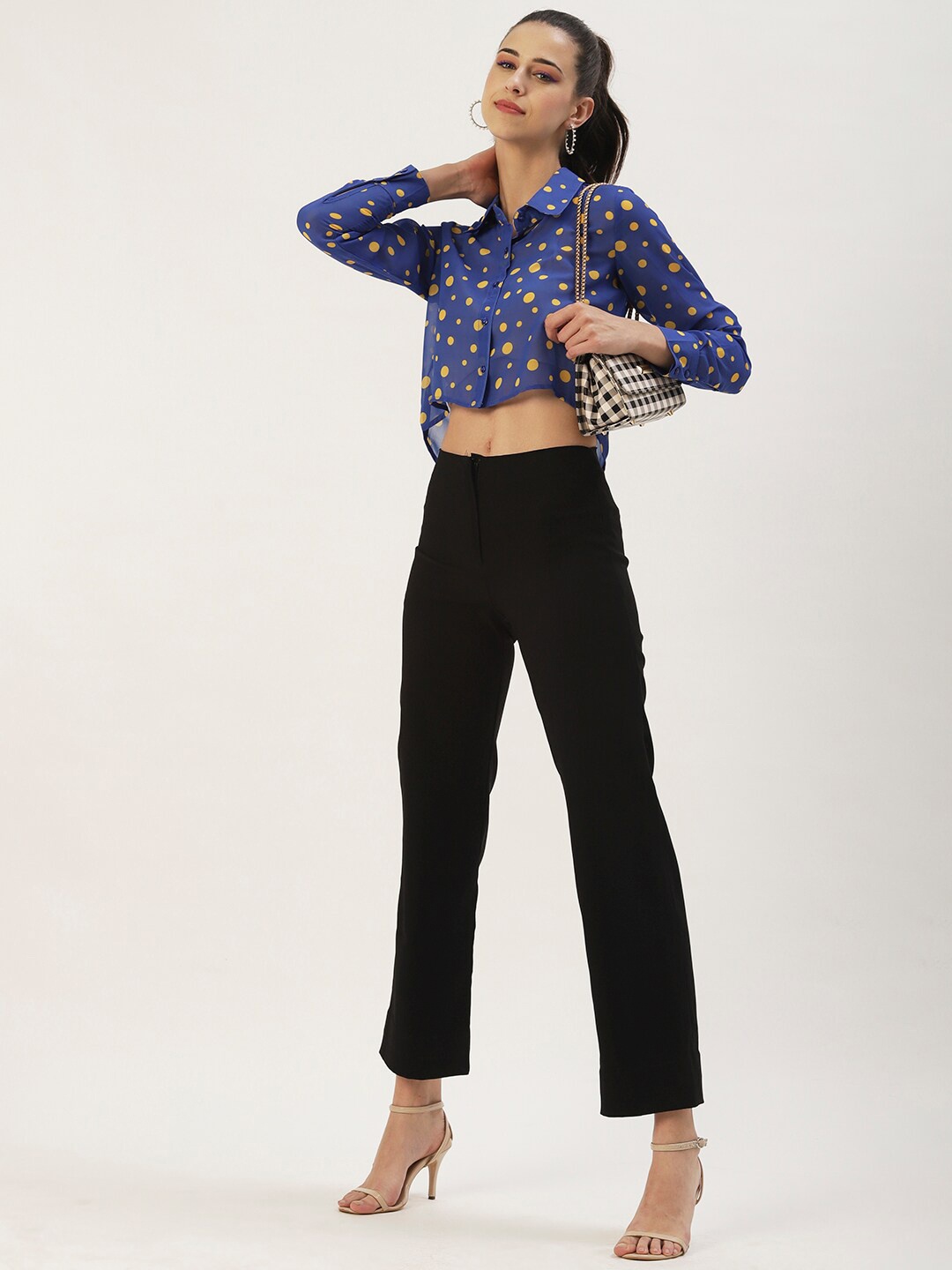 

DressBerry Geometric Print Georgette Shirt Style Crop Top, Blue