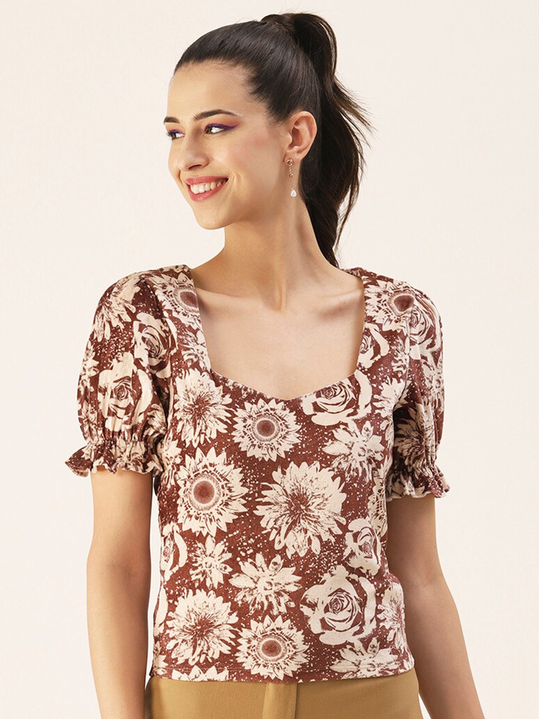 

DressBerry Brown Floral Print Velvet Top