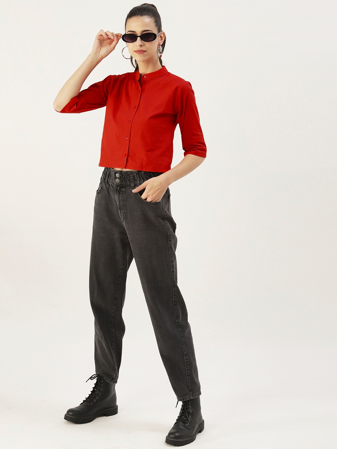 

DressBerry Mandarin Collar Shirt Style Top, Red