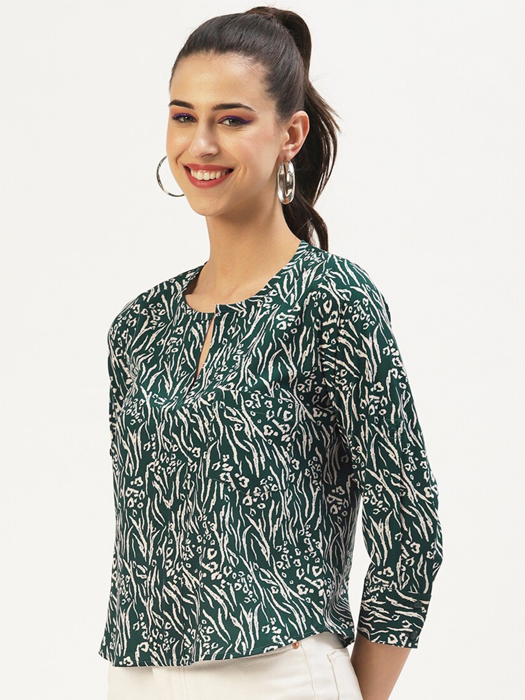 

DressBerry Print Keyhole Neck Crepe Top, Green
