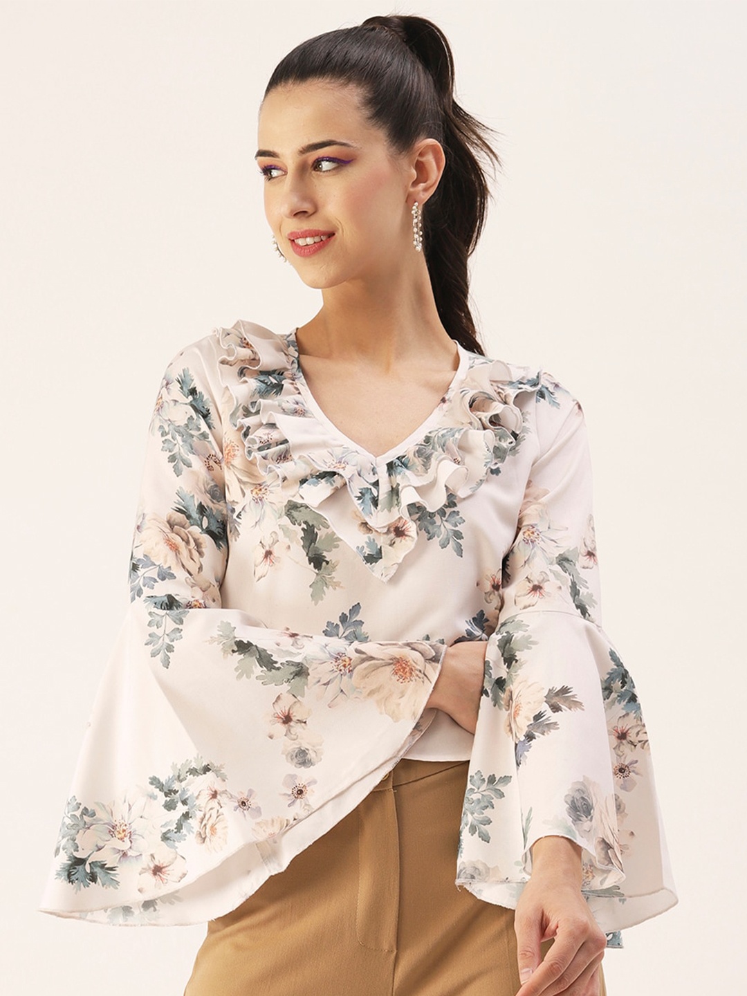 

DressBerry Off White Floral Printed Bell Sleeves Crop Top