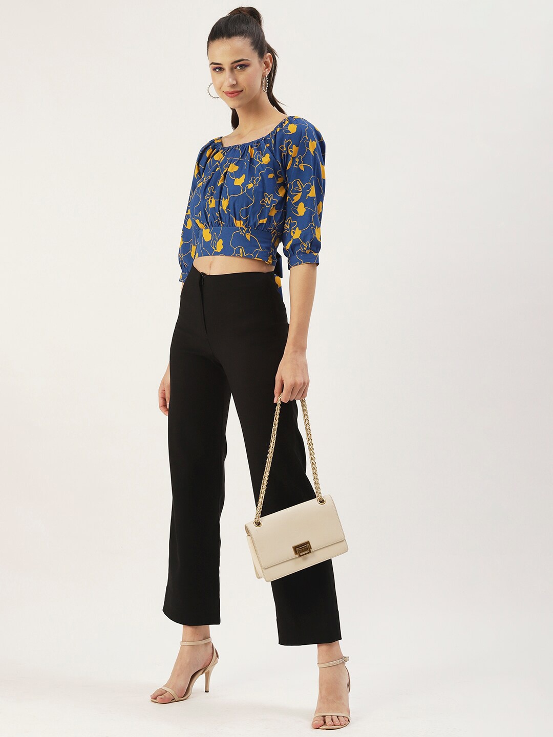 

DressBerry Floral Print Blouson Crop Cotton Top, Blue