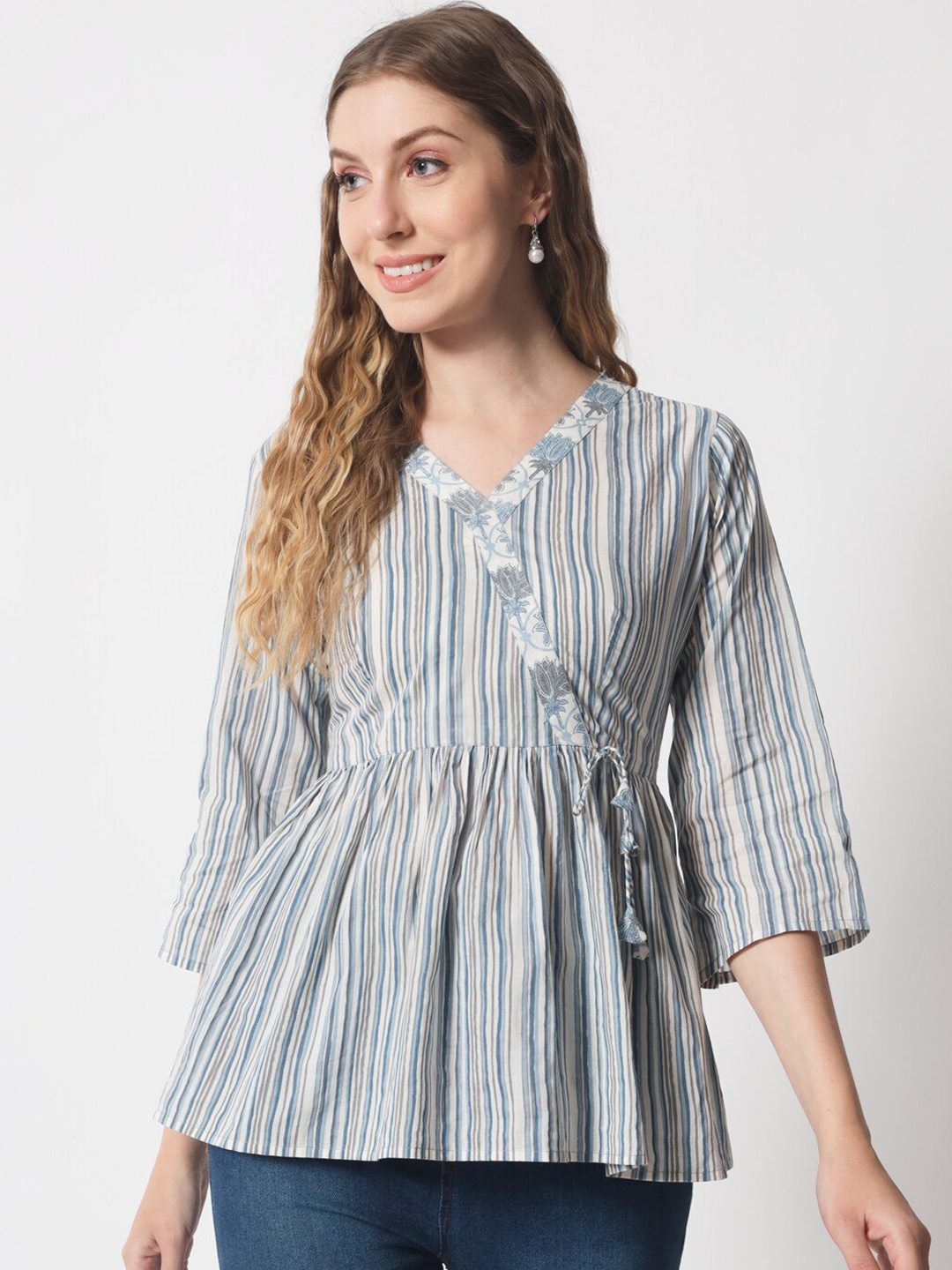 

Mishpra Striped Gathered Or Pleated Pure Cotton Wrap Top, Blue