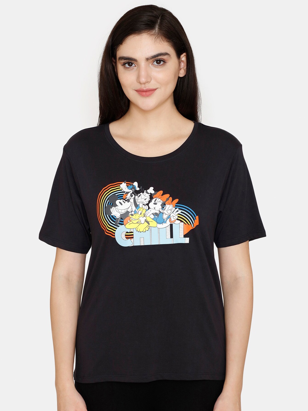 

Zivame Pure Cotton Graphic Printed Short Sleeves Top, Black