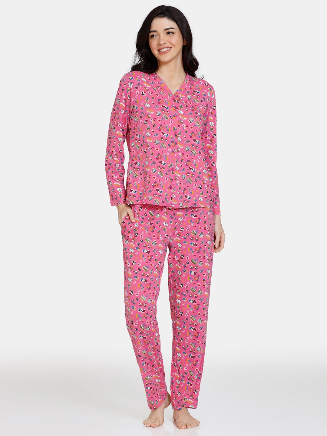 

Zivame Women Printed Pure Cotton Night suit, Pink