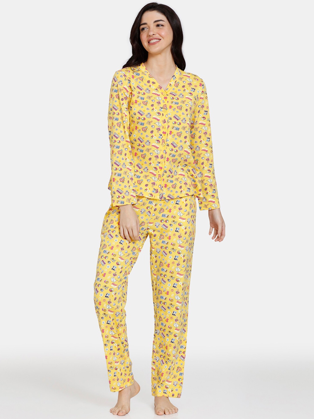 

Zivame Women Printed Pure Cotton Night suit, Yellow