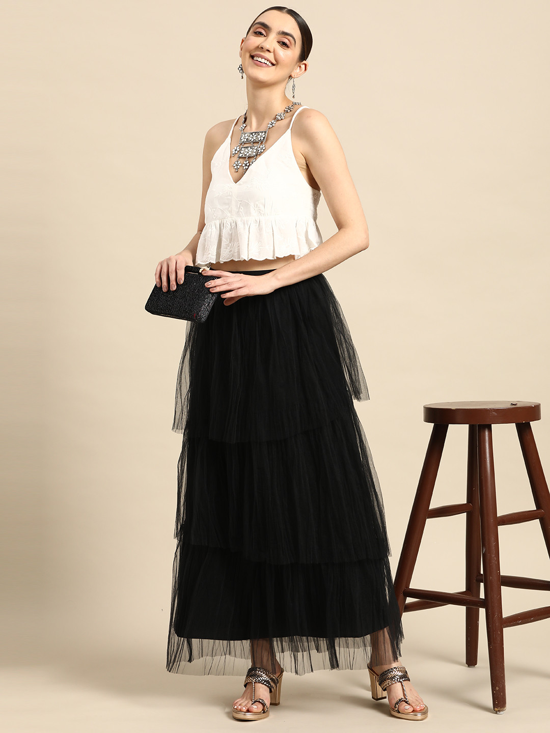 

Sangria Women Net Tiered Elasticated Waist Maxi Skirt, Black