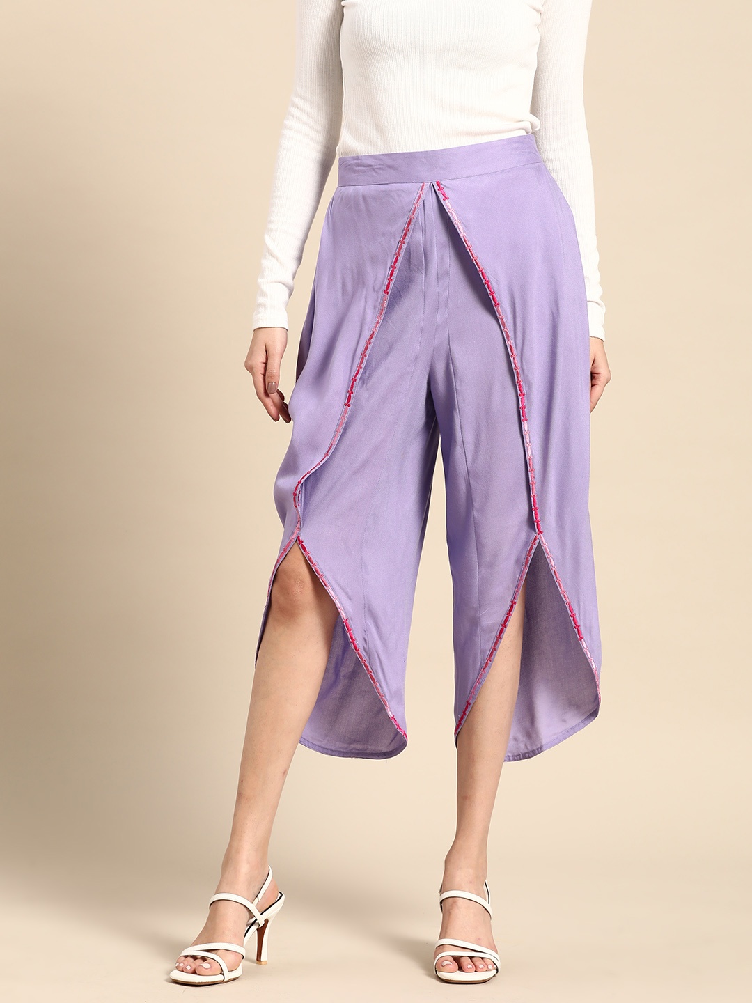 

Sangria Women Cropped Embroidered Tulip Hem Trousers, Purple
