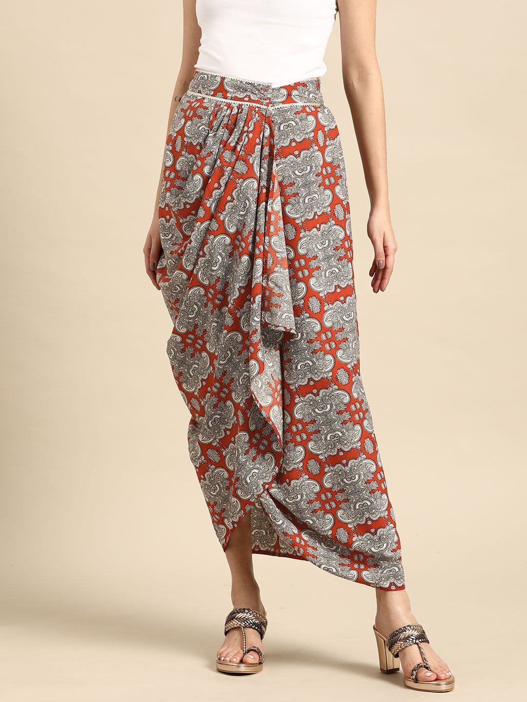 

Sangria Women Ethnic Motif Print Draped Wrap Maxi Skirt, Rust