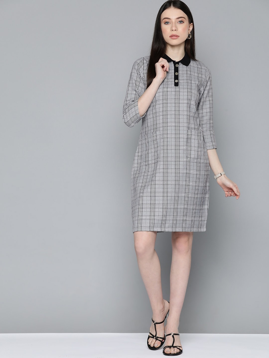 

Chemistry Knitted Checked Shirt Dress, Black