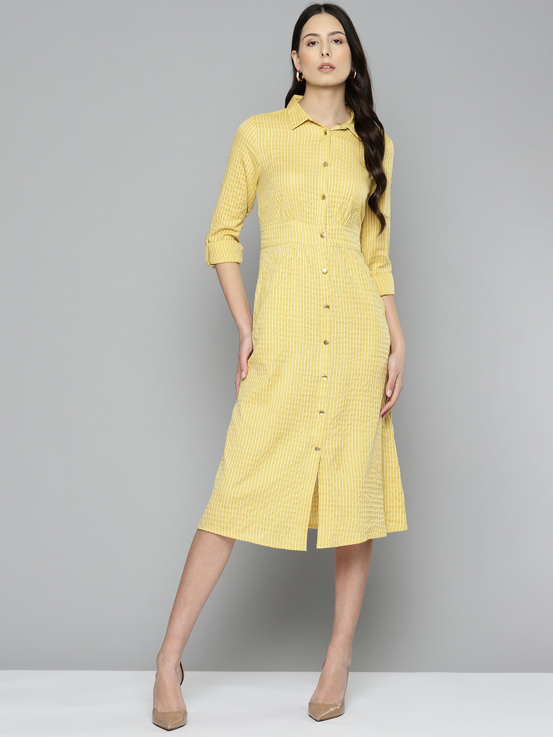 

Chemistry Striped Shirt Midi Dress with Pockets, Mustard