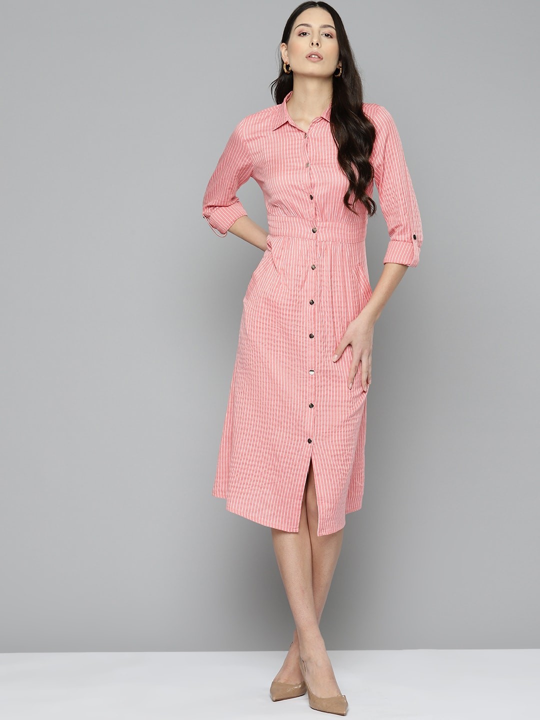 

Chemistry Striped Shirt Midi Dress with Pockets, Pink
