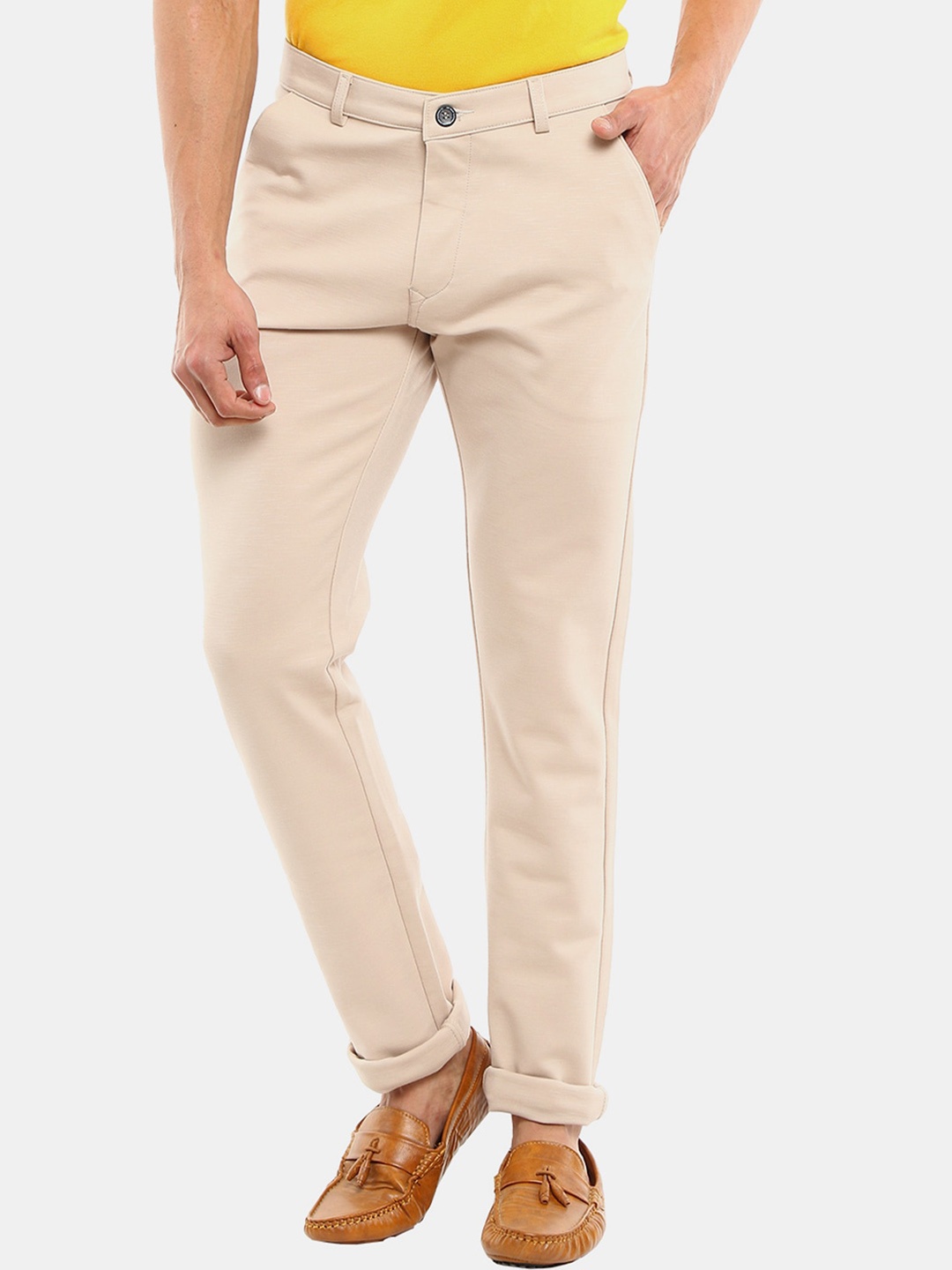 

V-Mart Men Classic Slim Fit Cotton Chinos Trousers, Cream