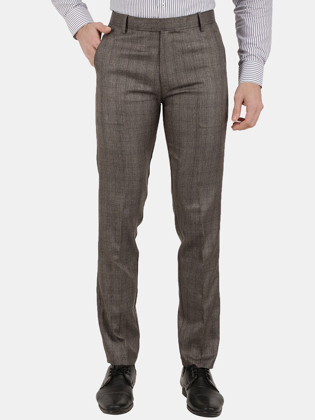 

V-Mart Men Checked Classic Slim Fit Cotton Formal Trousers, Brown