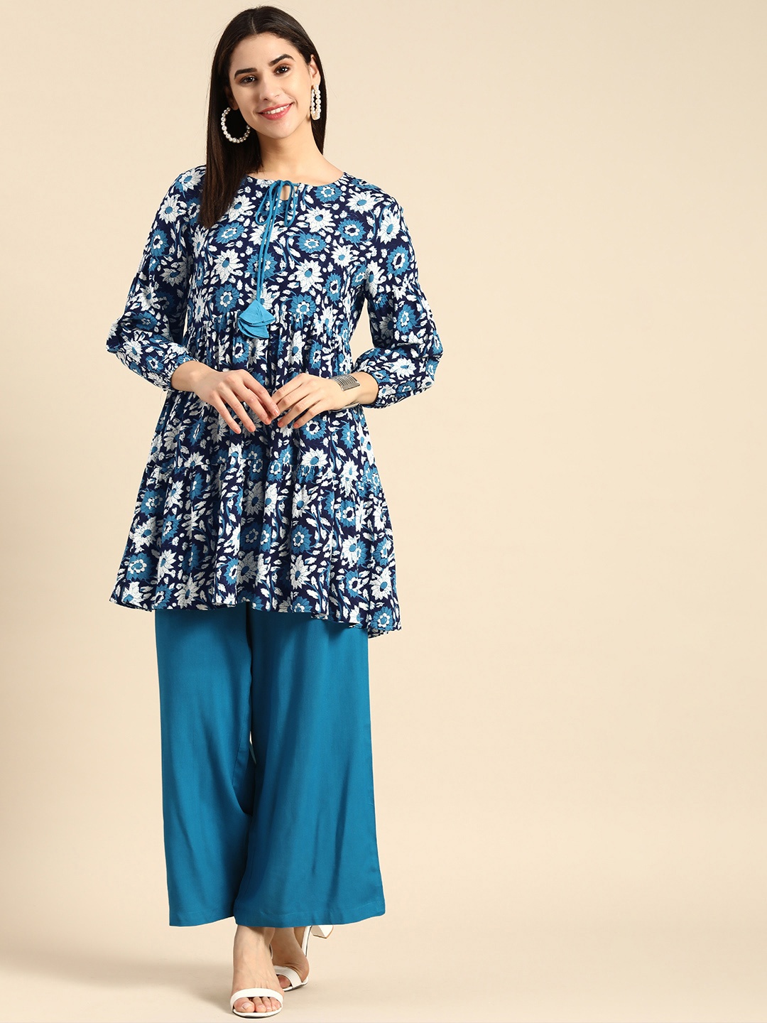 

Anouk Women Floral Print Tie-Up Neck Pleated Kurta with Palazzos, Blue