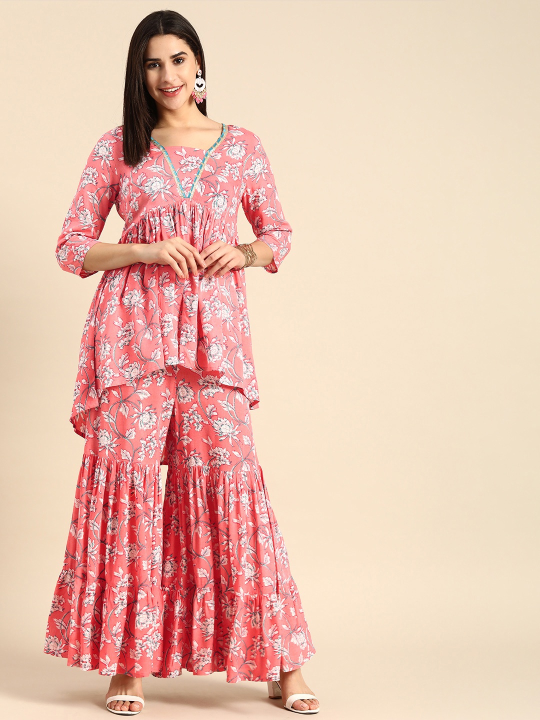 

Anouk Floral Printed Pleated Kurti with Sharara, Pink