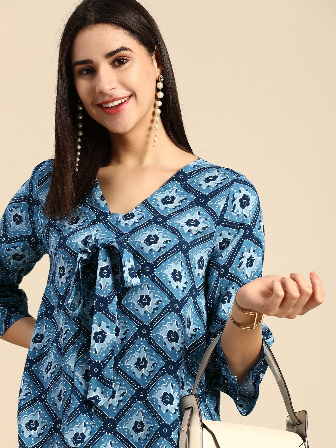 

Anouk Women Ethnic Motifs Printed Indigo Kurta With Tie Up Details, Blue
