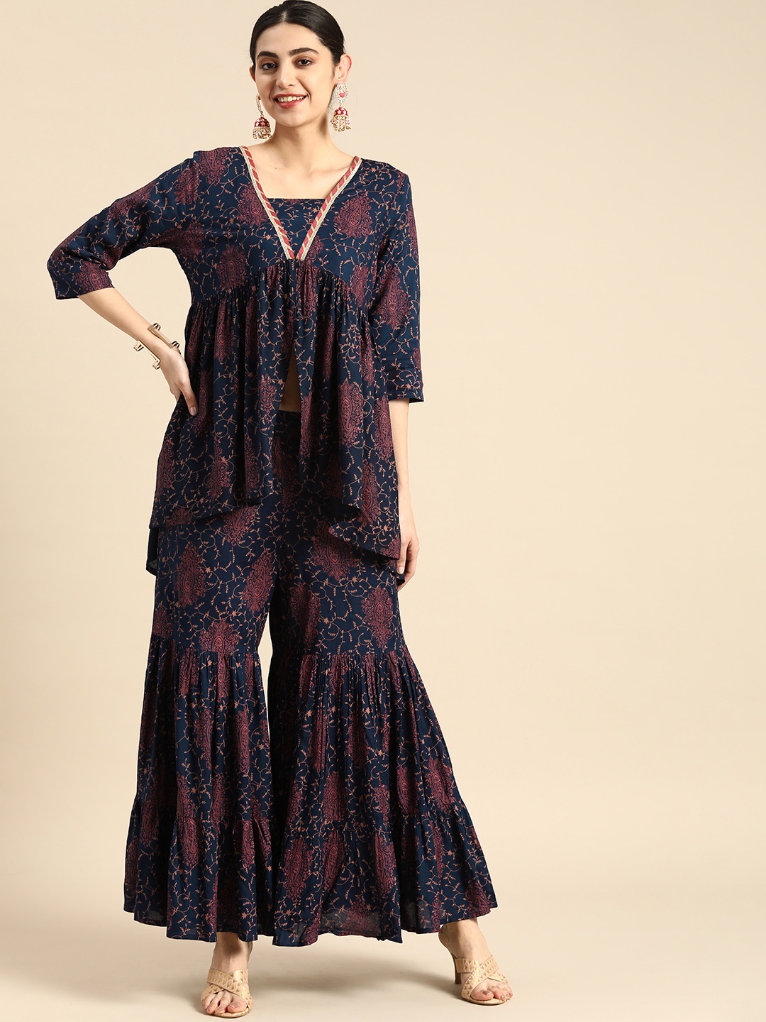

Anouk Paisley Printed Pleated Kurti with Sharara, Navy blue