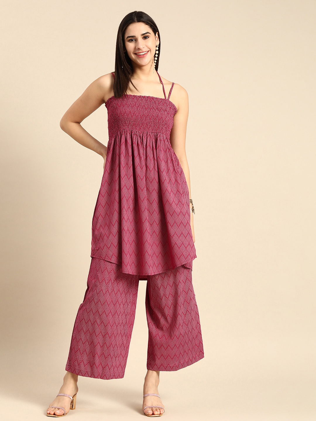 

Anouk Women Geometric Printed Smocked Detail Empire Kurta with Palazzos, Pink