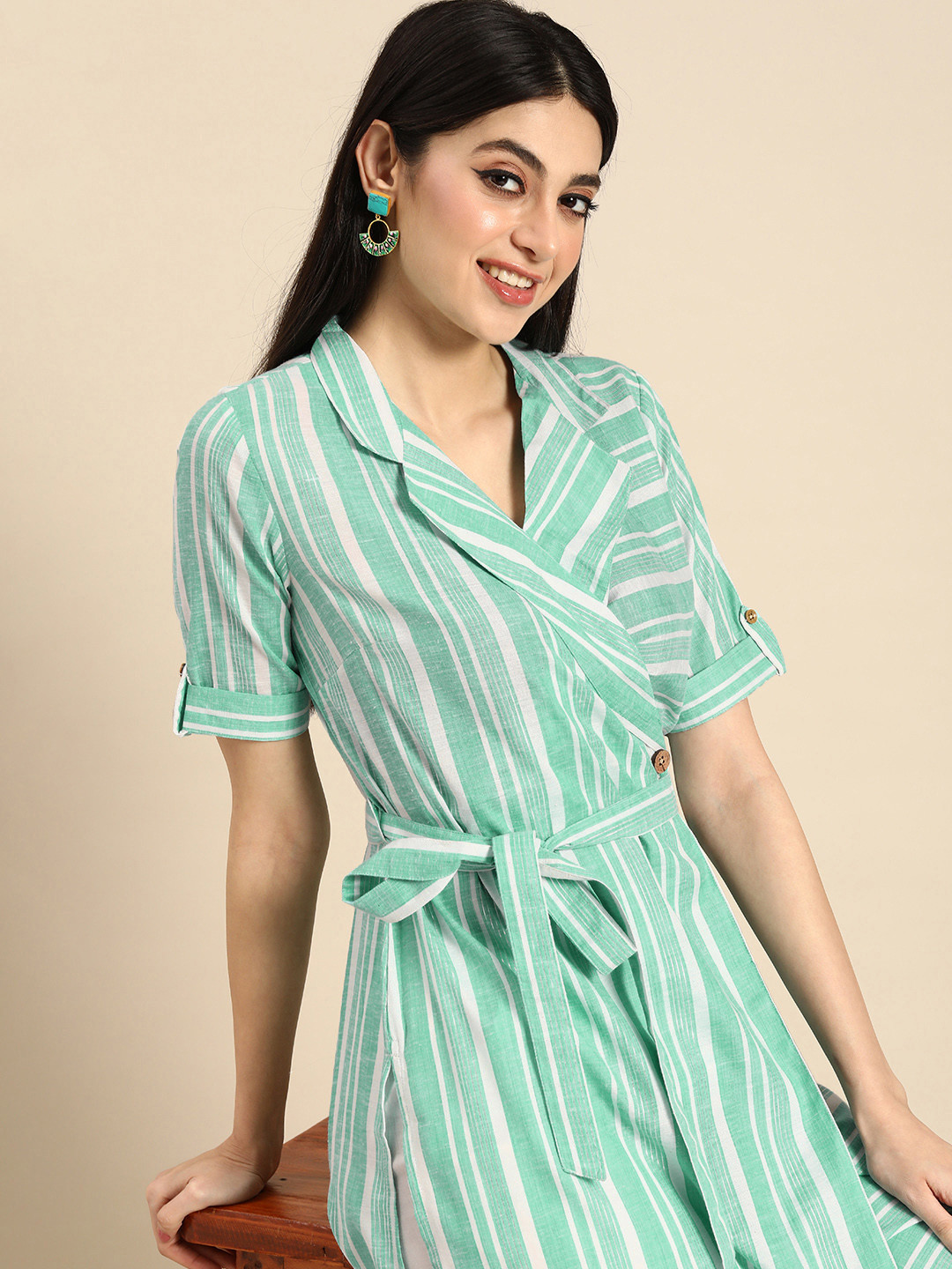 

Anouk Lapel Collar Roll-Up Sleeves Striped Pure Cotton Fusion Wrap Kurta With Belt, Green
