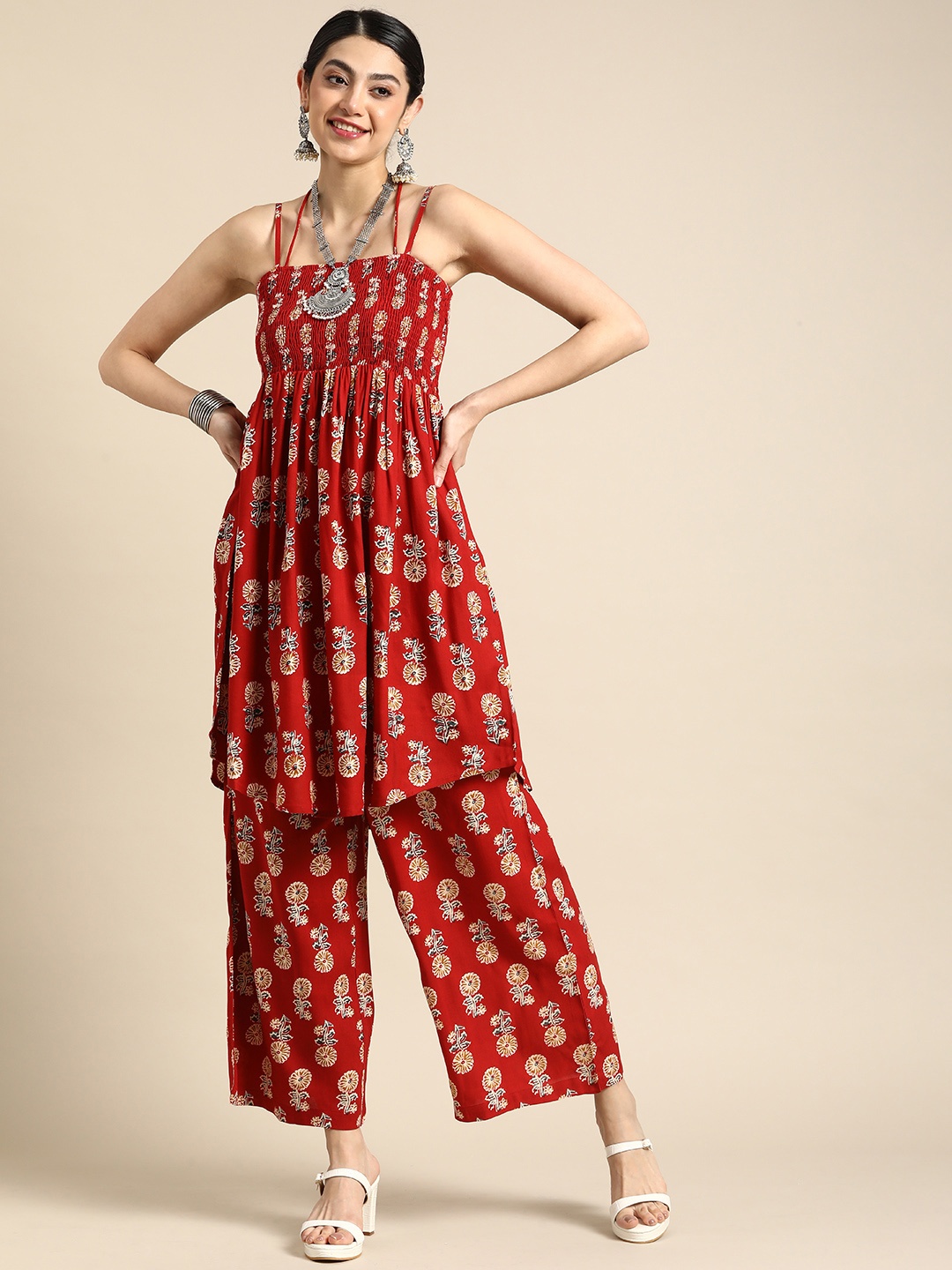 

Anouk Floral Printed Shoulder Straps Smocked Empire Kurta with Printed Palazzos, Maroon