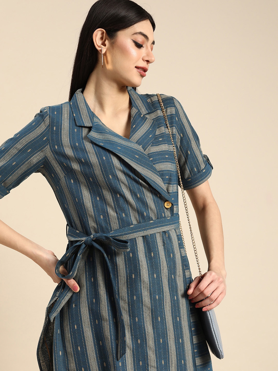 

Anouk Lapel Collar Roll-Up Sleeves Striped Belted Fusion Wrap Kurta, Teal