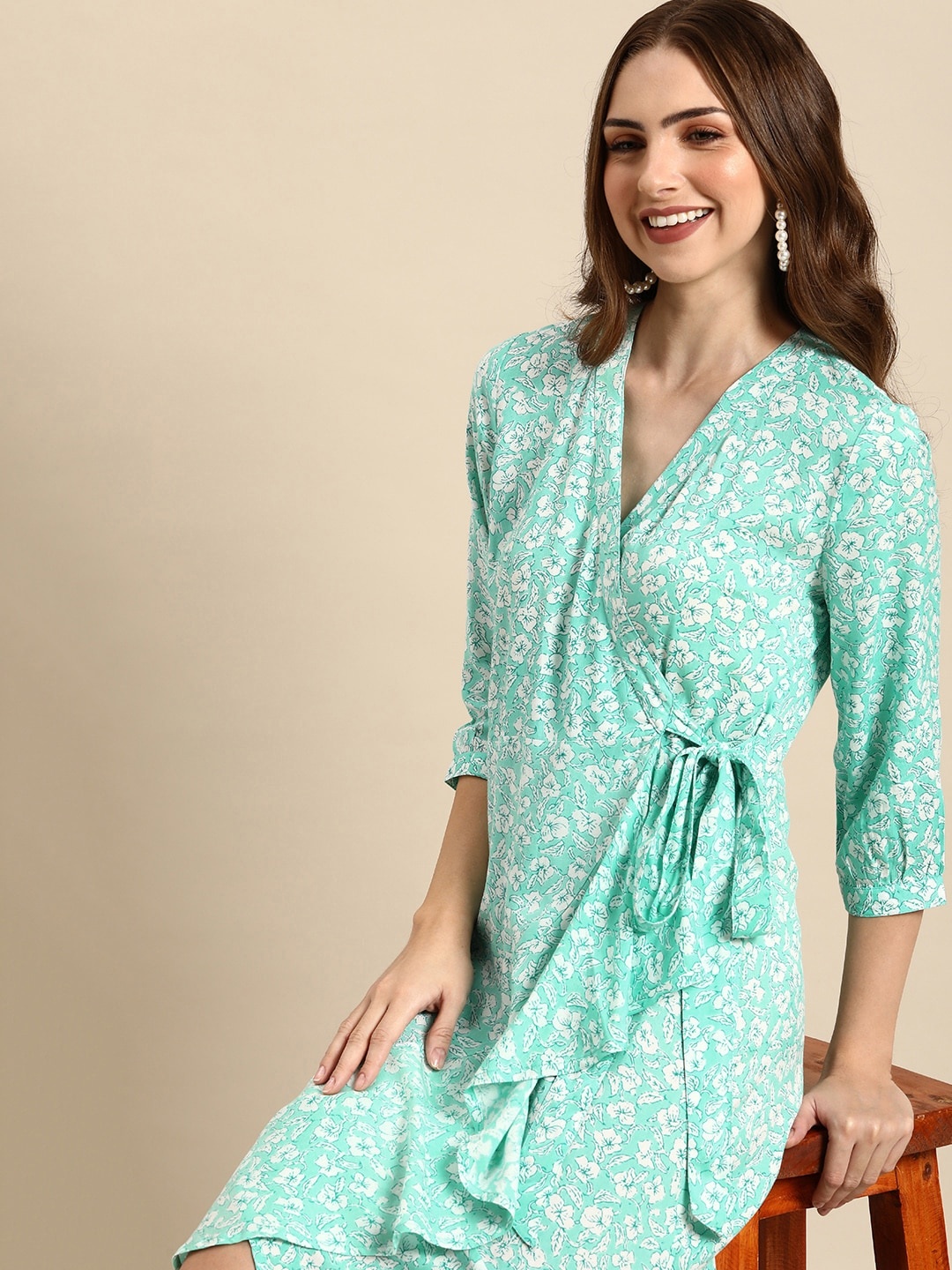 

Anouk Floral Print Wrap Dress With Tie Up Detailing, Sea green