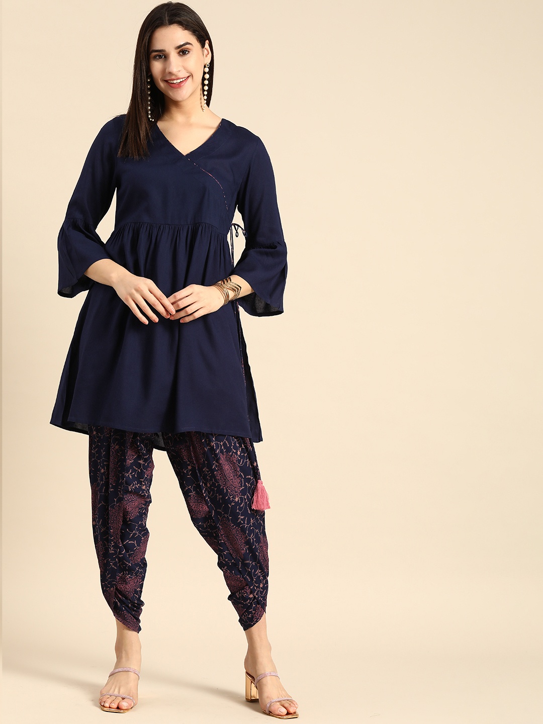 

Anouk Paisley Printed Angrakha Kurti with Dhoti Pants, Navy blue