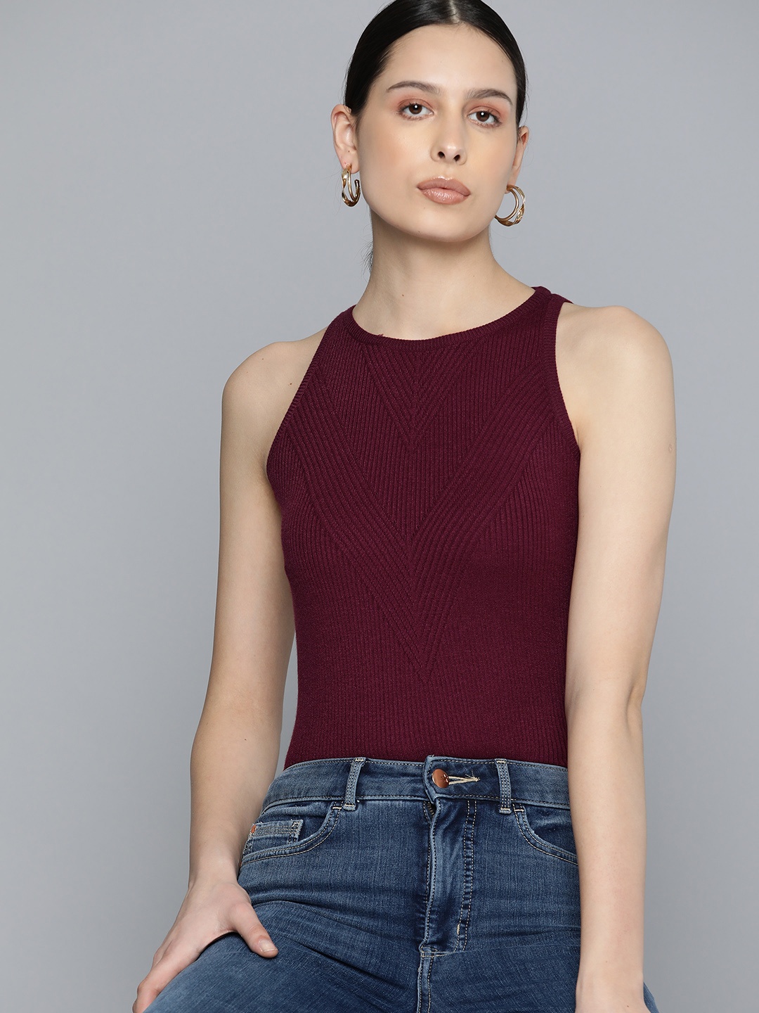 

Chemistry Ribbed Knit Top, Maroon