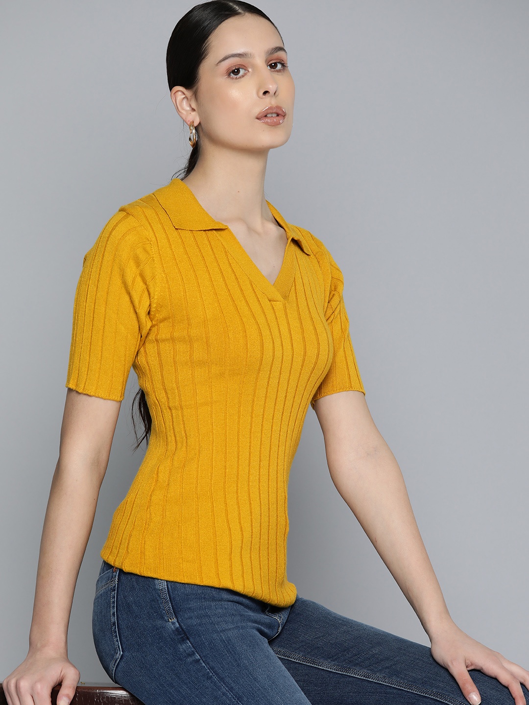 

Chemistry Ribbed Polo Collar T-shirt, Mustard