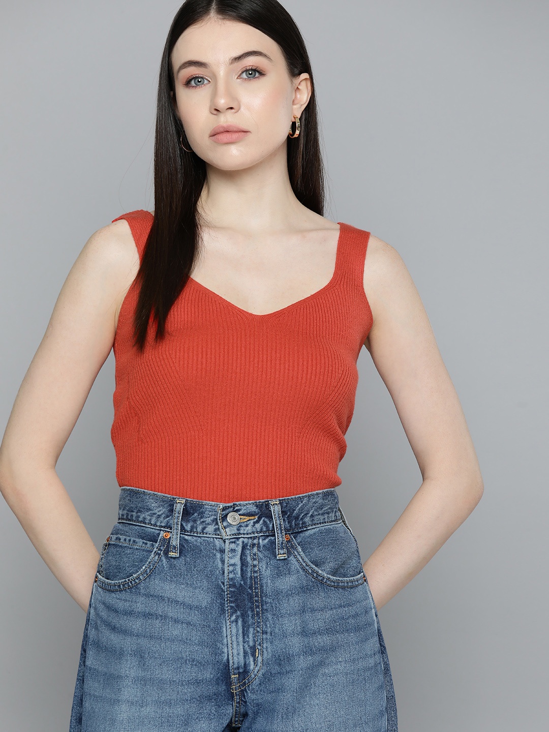 

Chemistry Ribbed Fitted Top, Orange