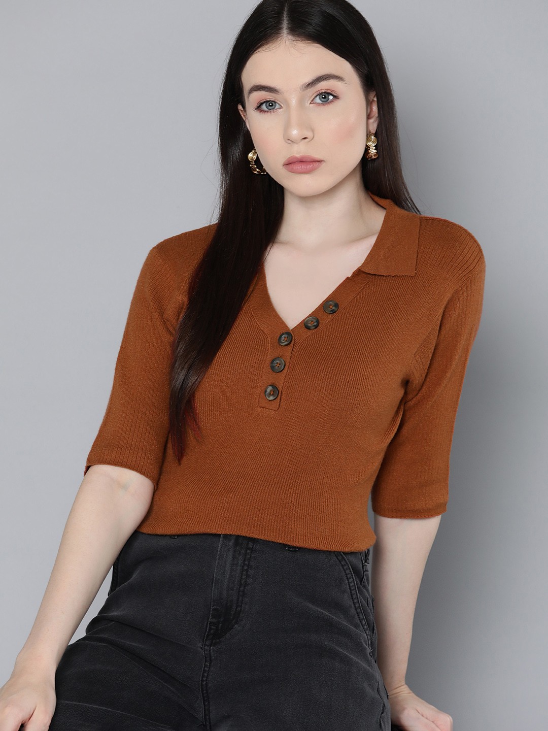 

Chemistry Women Ribbed Polo Collar T-shirt, Rust
