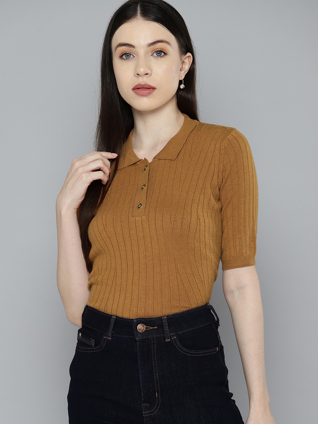 

Chemistry Women Polo Collar T-shirt, Mustard