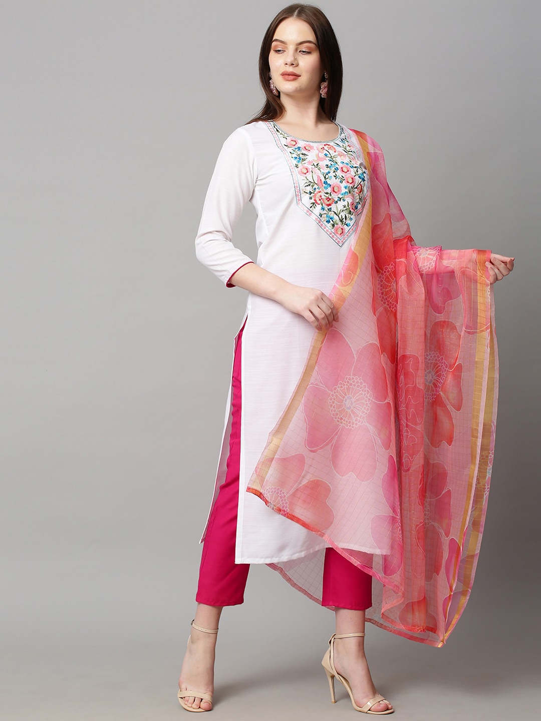 

KALINI Women Floral Embroidered Kurta with Trousers & With Dupatta, White