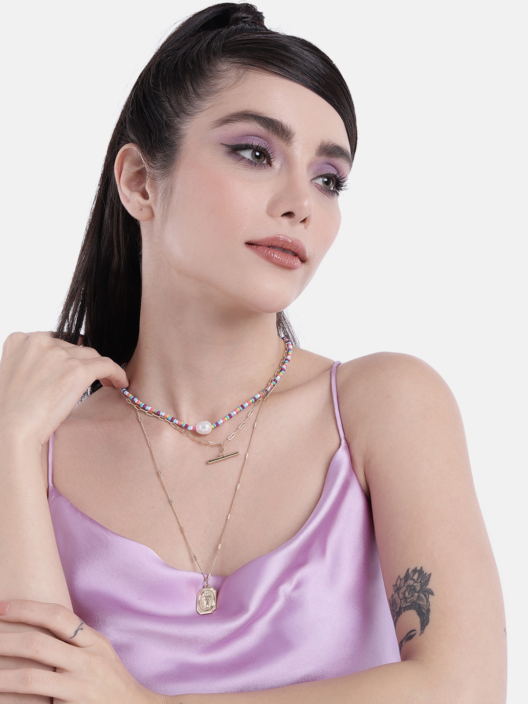 

DressBerry Women Artificial Beads Layered Statement Necklace With Pendant, Gold