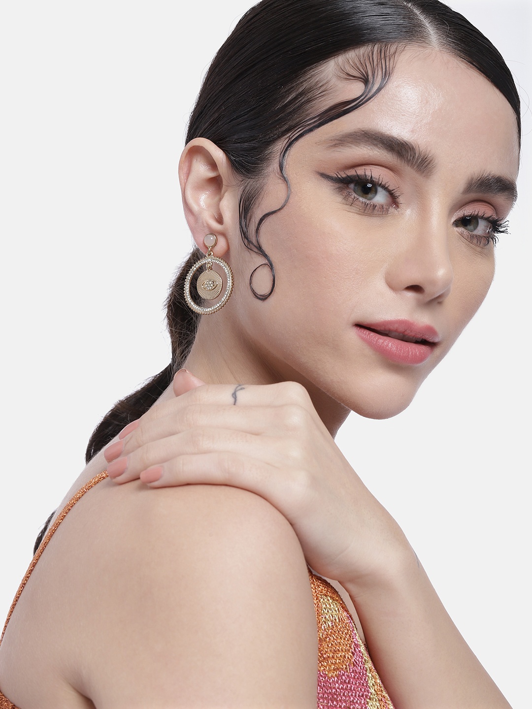 

DressBerry Women Eye Shape Circular Drop Earrings, Gold