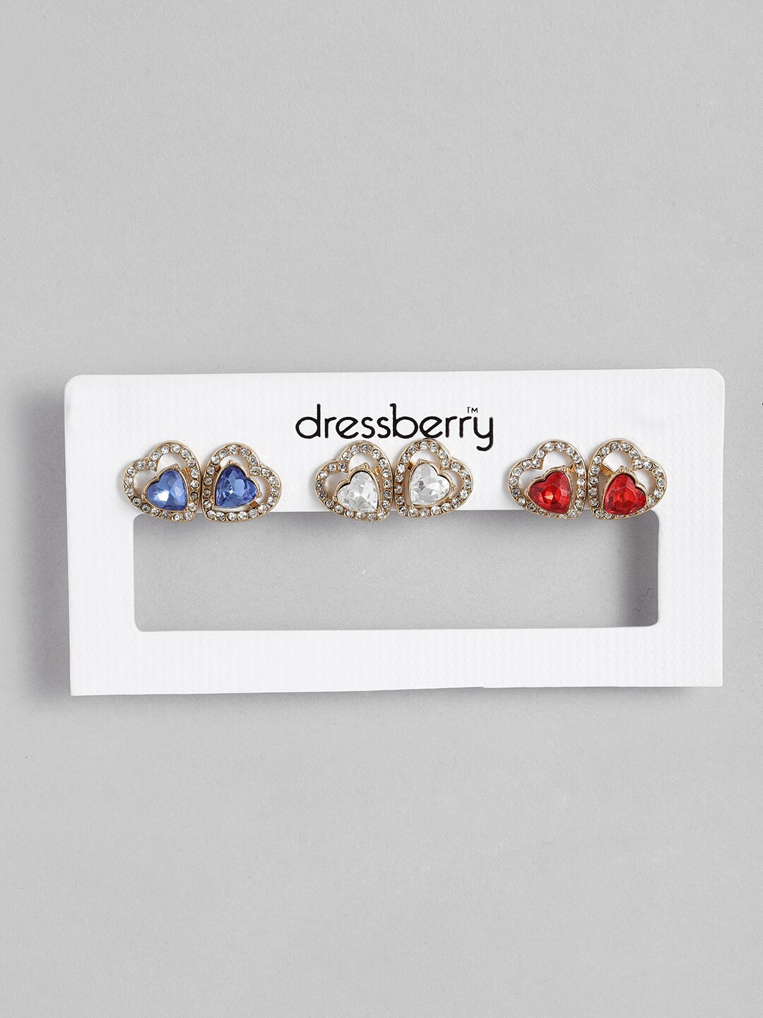 

DressBerry Set Of 3 Artificial Stones Studded Heart Shaped Studs, Blue