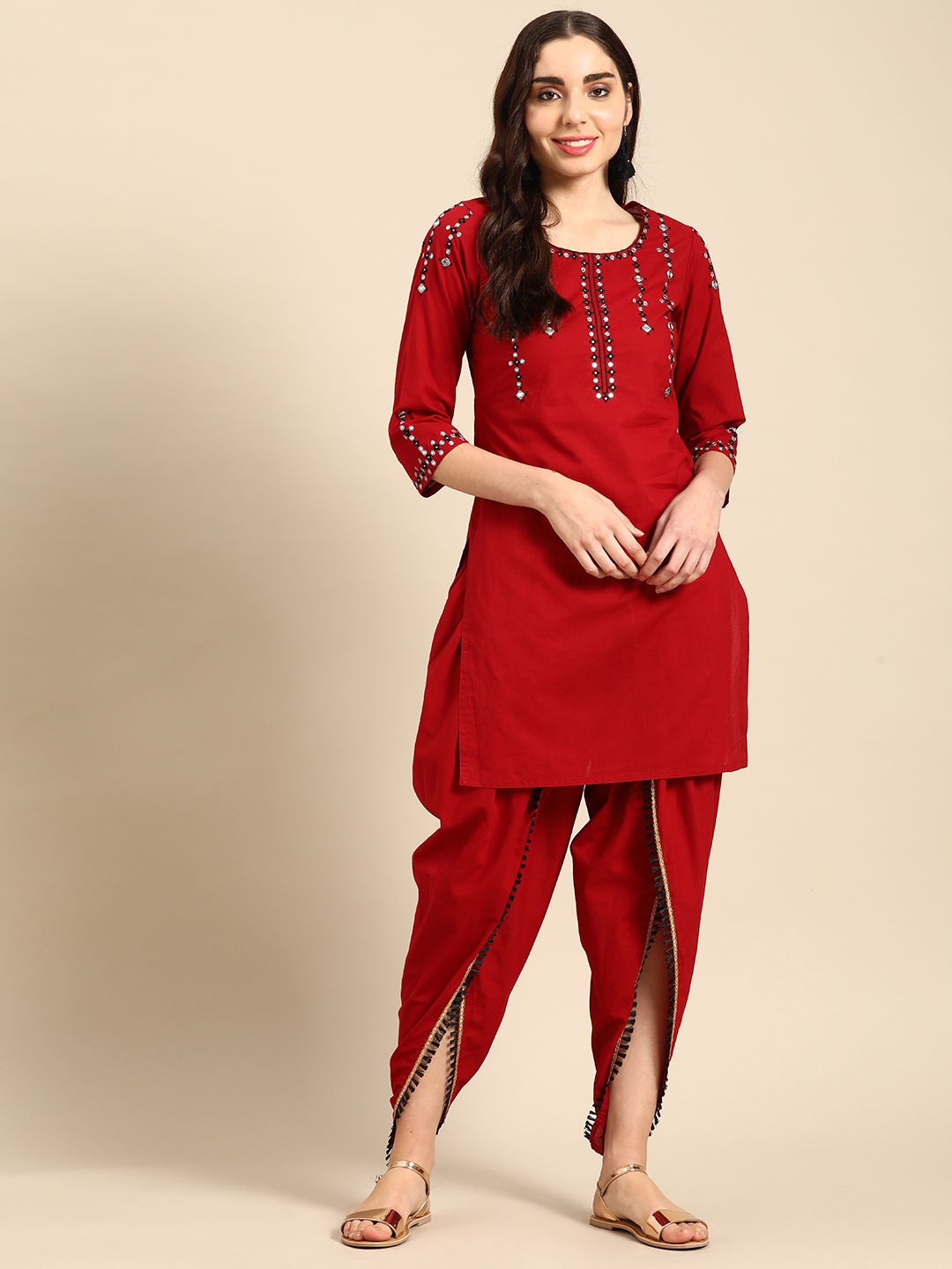 

Sangria Women Yoke Design Mirror Work Pure Cotton Kurta with Dhoti Pants, Maroon