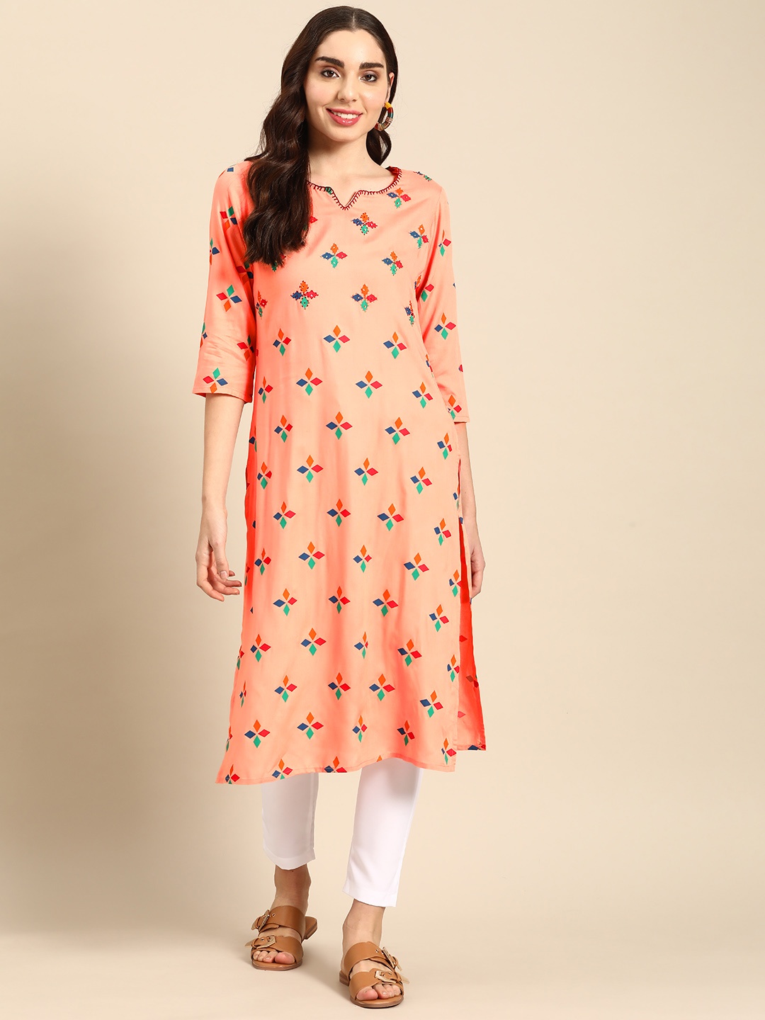 

Sangria Women Floral Printed Kantha Work Kurta, Peach